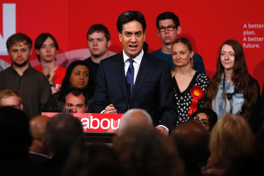 Britain's opposition Labour Party leader Ed Miliband speaks at a campaign event