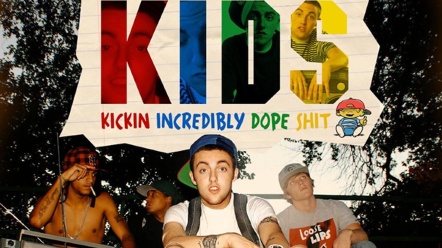 Cover art for Mac Miller's K.I.D.S mixtape; Mac and three others sitting on bleachers