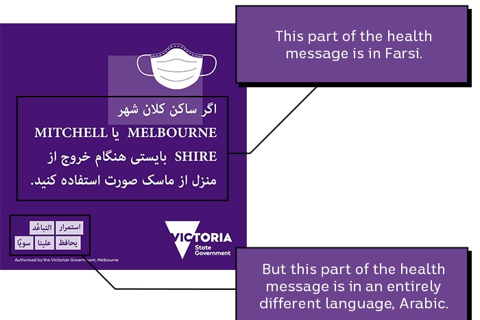 A Government ad with insets pointing out parts of the message are in Farsi while others are in Arabic.