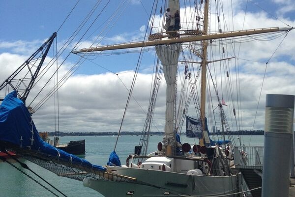 The tall ship the Robert C Seamans at anchor.