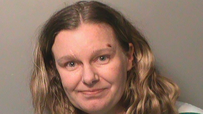 A mugshot of a woman with hard blonde hair.