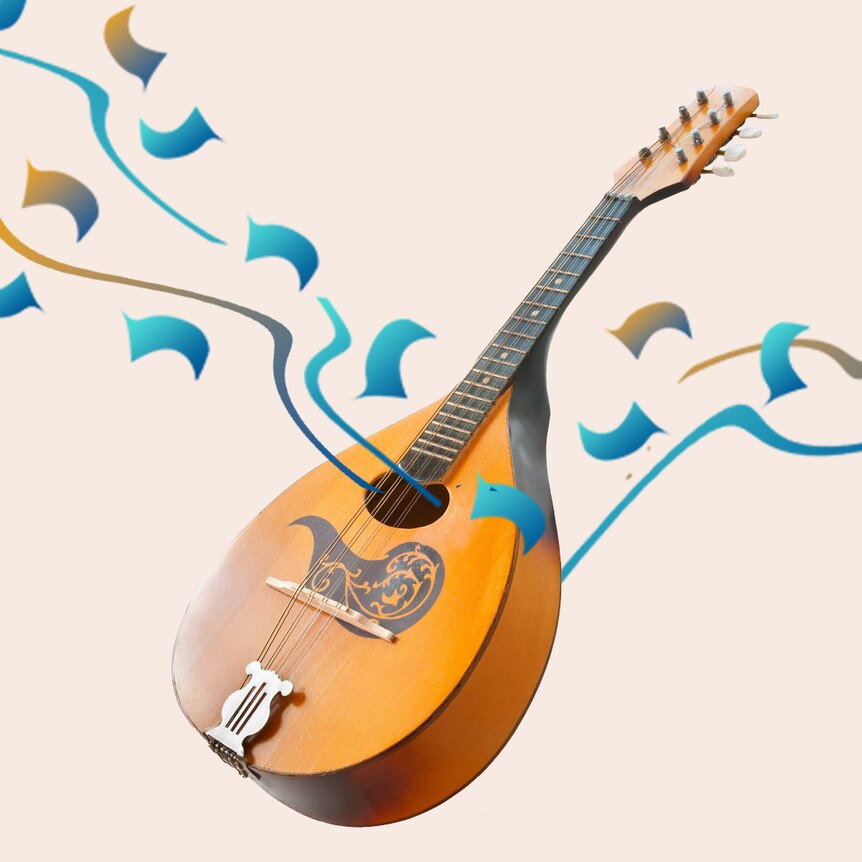 Mandolin on beige background, with blue flourishes suggesting sound and energy. 