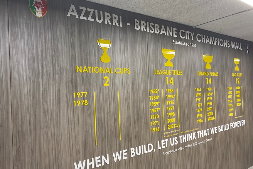 The Brisbane City FC honour board with white and yellow letters on wood panelling.