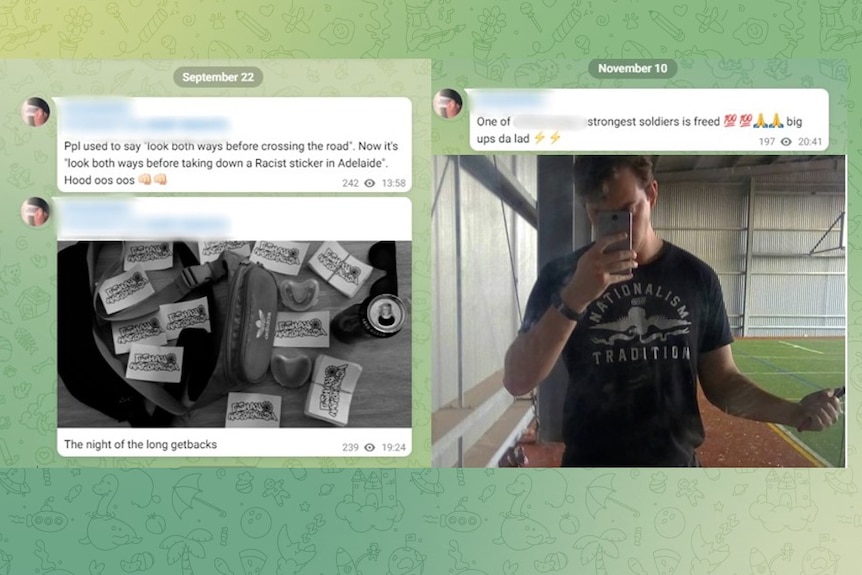 Posts from a telegram channel and picture of a man wearing a nationalist shirt.