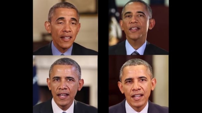 A video still showing four versions of Barack Obama.