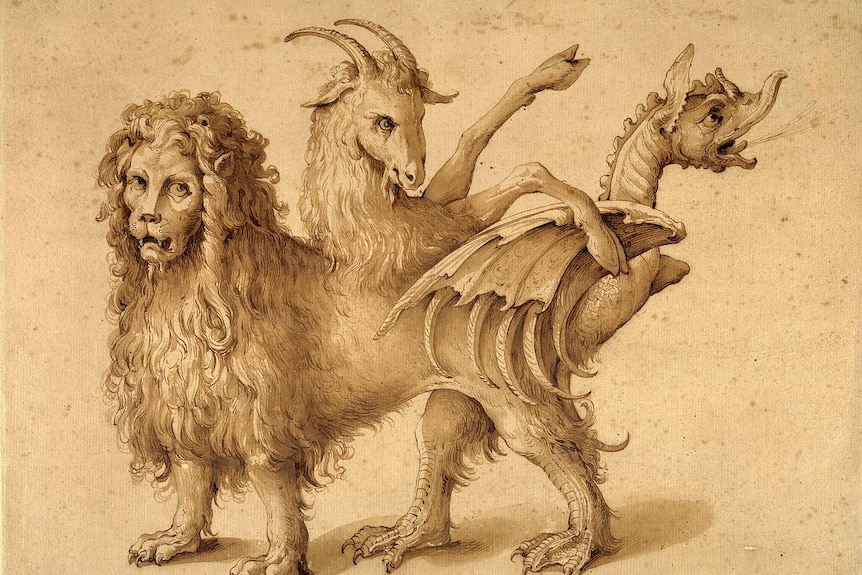 A sepia-toned illustration showing a beast with the heads of a lion, goat and dragon.