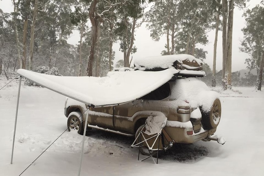 A vehicle blanketed in snow.