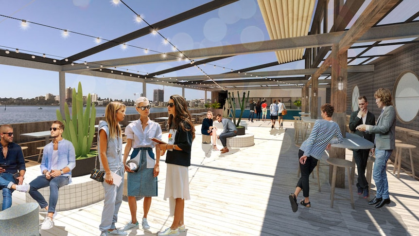 An artist's impression of people enjoying The Raft, a floating event space, on the Swan River.