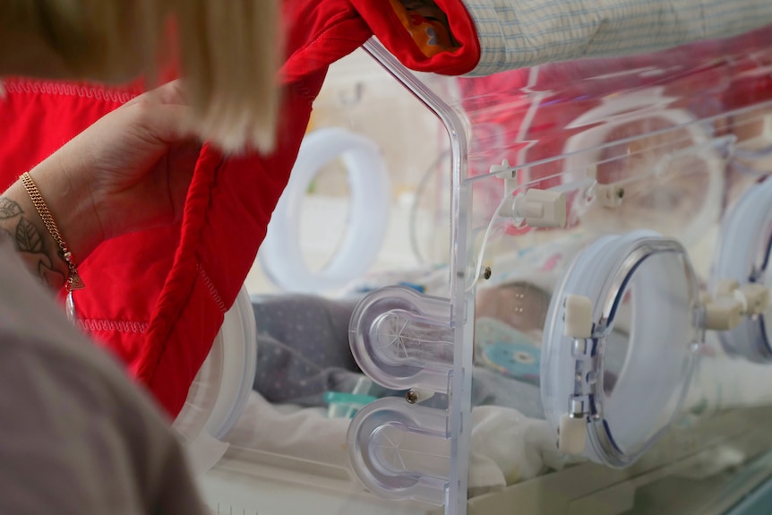 An unidentified baby in an incubator, mum lifting up the blanket to see her baby.