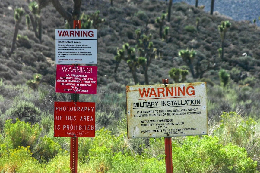 The warning signs at the entrance to Groom Lake, also known as Area 51.