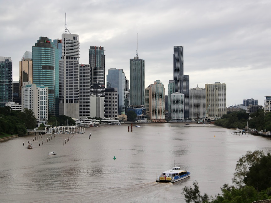 The Brisbane skyline over the river.