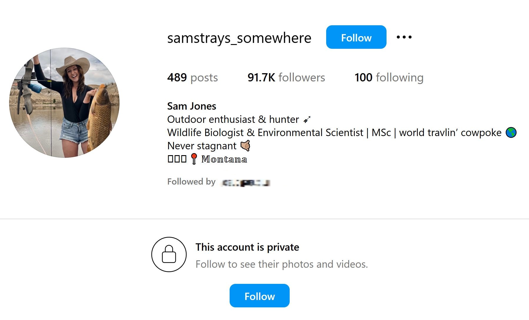 A screenshot of Sam Jones's Instagram account profile, which has been set to private