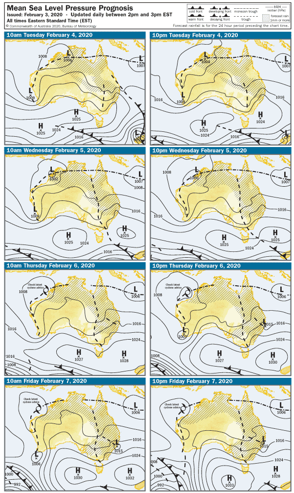 Series of synoptic maps, showing a trough developing through around the N-S QLD border and down to the south east.