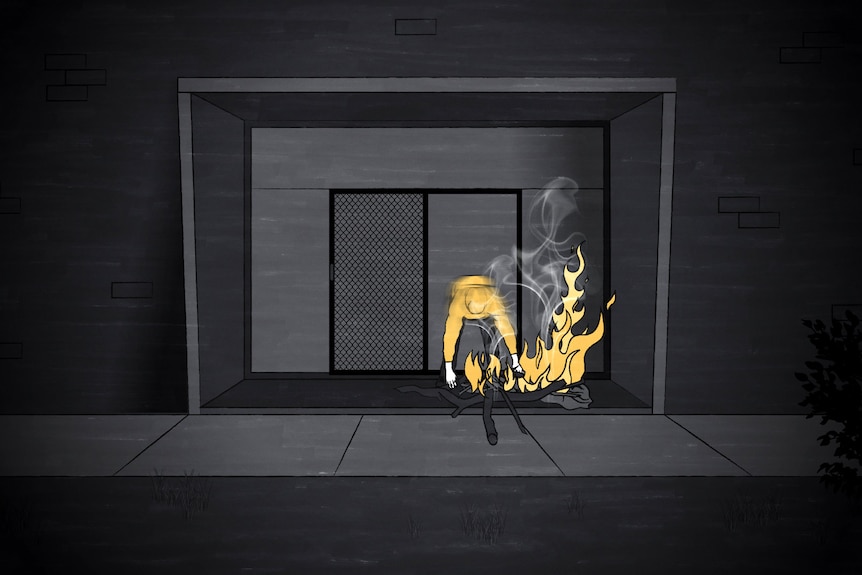 Illustration of boy wearing yellow jumper lighting a fire in doorway of youth centre.