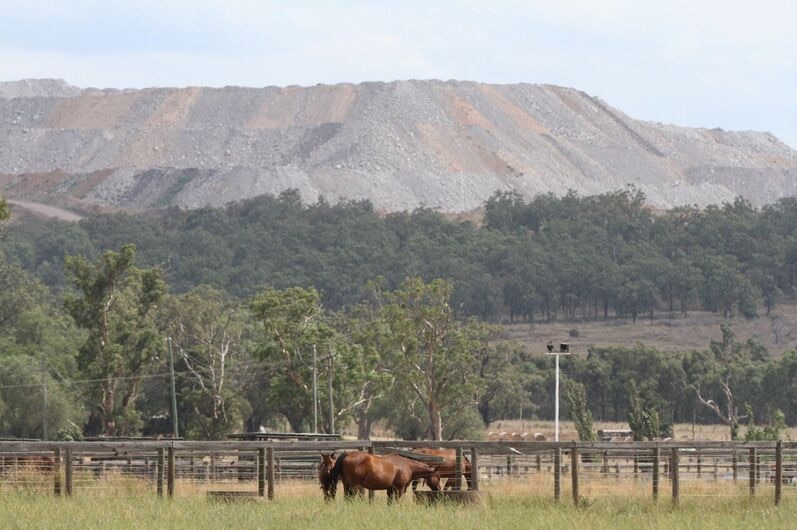Horses stand in a paddock, a mine is seen in the background.