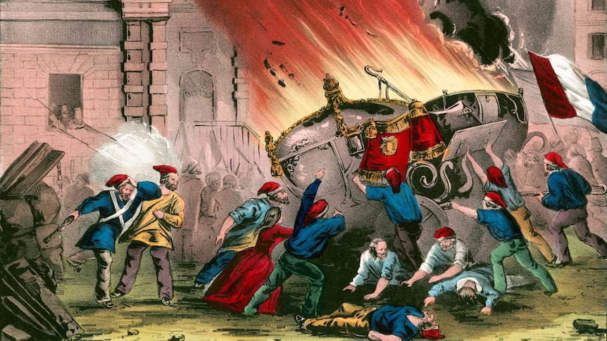 A vintage colour illustration showing French citizens burning Royal carriages during the French Revolution of 1848.