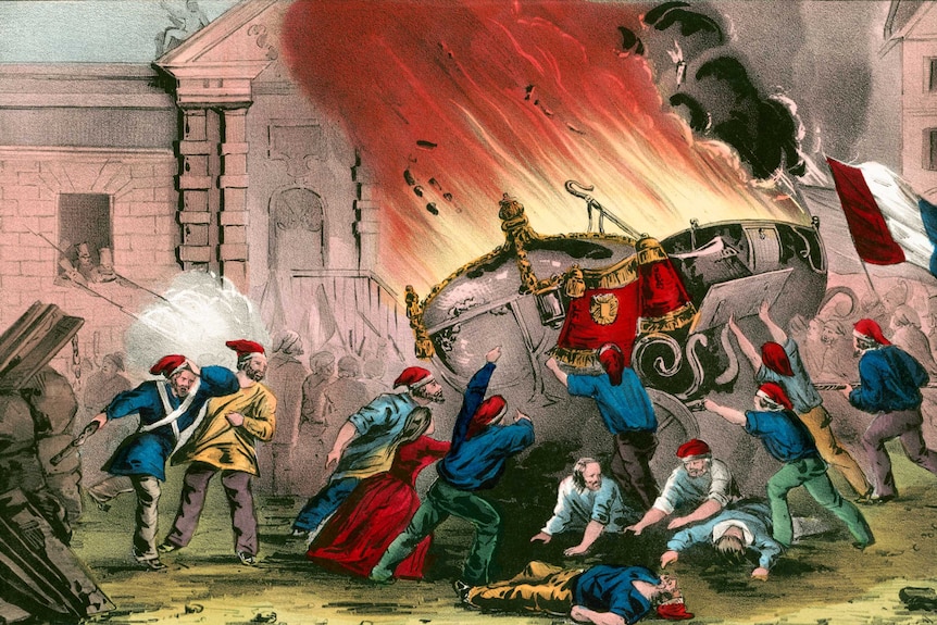 A vintage colour illustration showing French citizens burning Royal carriages during the French Revolution of 1848.