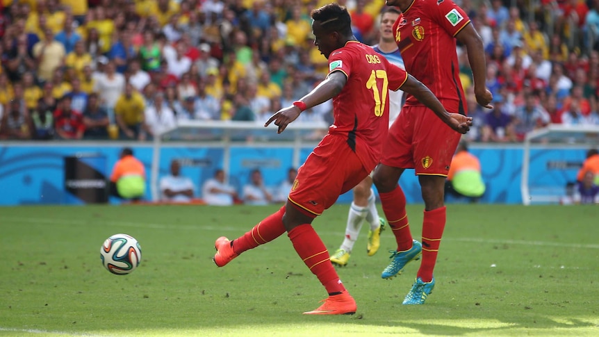 Divock Origi scores for Belgium against Russia at the Maracana on June 22, 2014.