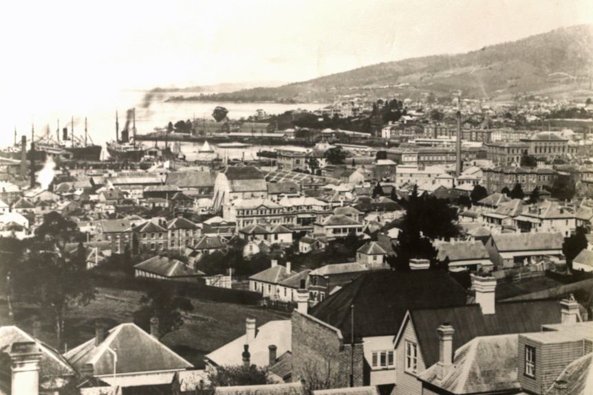 View from Glebe over Hobart's Wapping area taken about 1900.