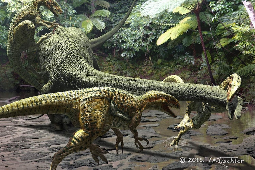 Colour drawing of dinosaur Diamantinasaurus being attacked by three Australoventors.