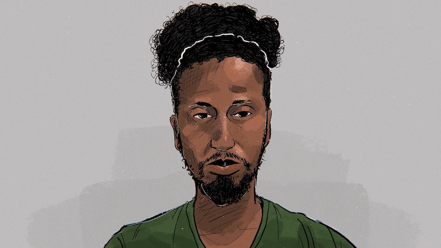 A court sketch shows Abdulfatah Awow sitting in a courtroom wearing a green shirt.