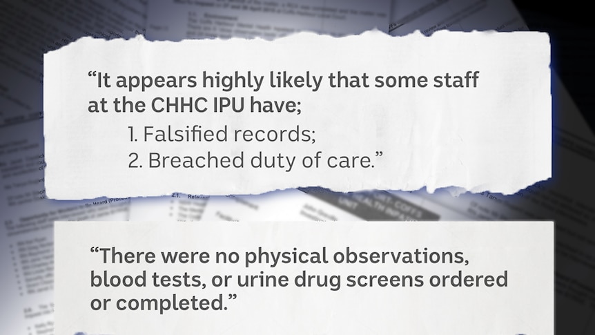 Two excerpts from a report suggesting staff at the hospital may have falsified records and breached their duty of care.