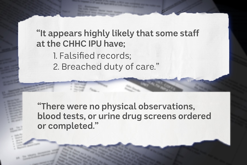 Two excerpts from a report suggesting staff at the hospital may have falsified records and breached their duty of care.