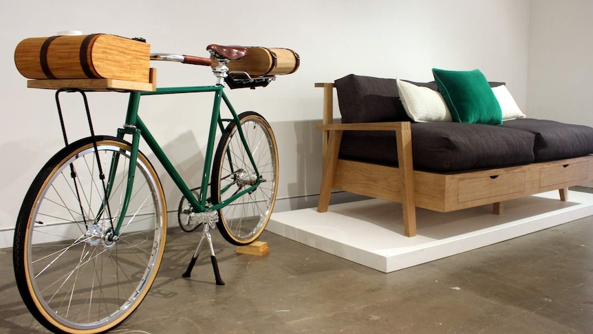 Roadie Bike Baskets and Day Bed by Thomas Hume at Craft ACT's Emerging Contemporaries exhibition.
