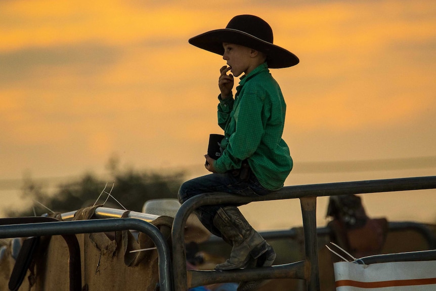 Young boy wearing cowboy hat at sunset