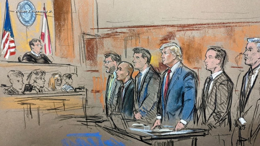 A court room sketch of Donald Trump appearing before a judge surrounded by a team of lawyers and his aide, Walt Nauta.