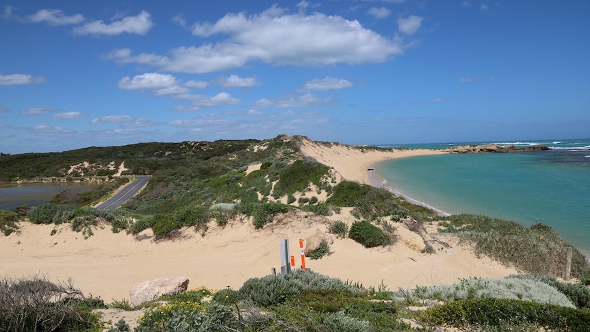 A landscape shot of a beach dune being eroded with a road on the left on the image