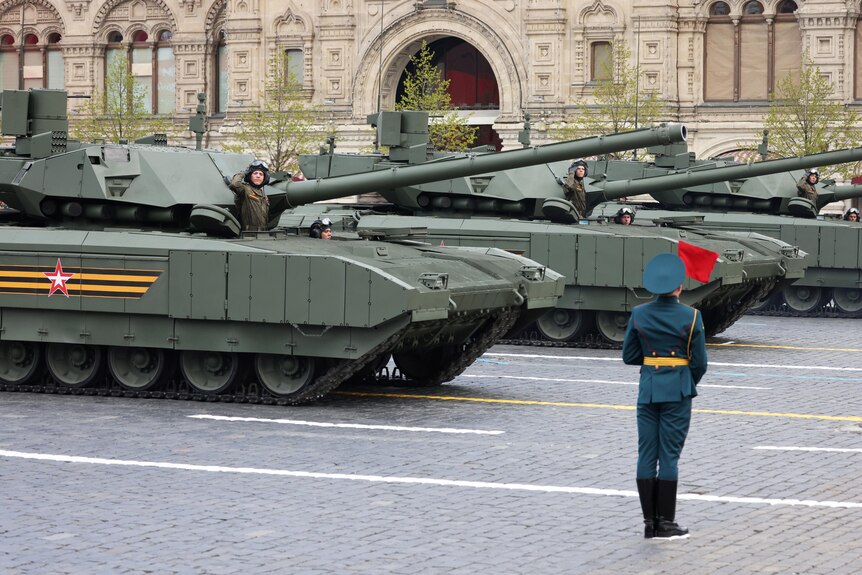 Russian T-14 Armata tanks drive in Red Square during a military parade. 