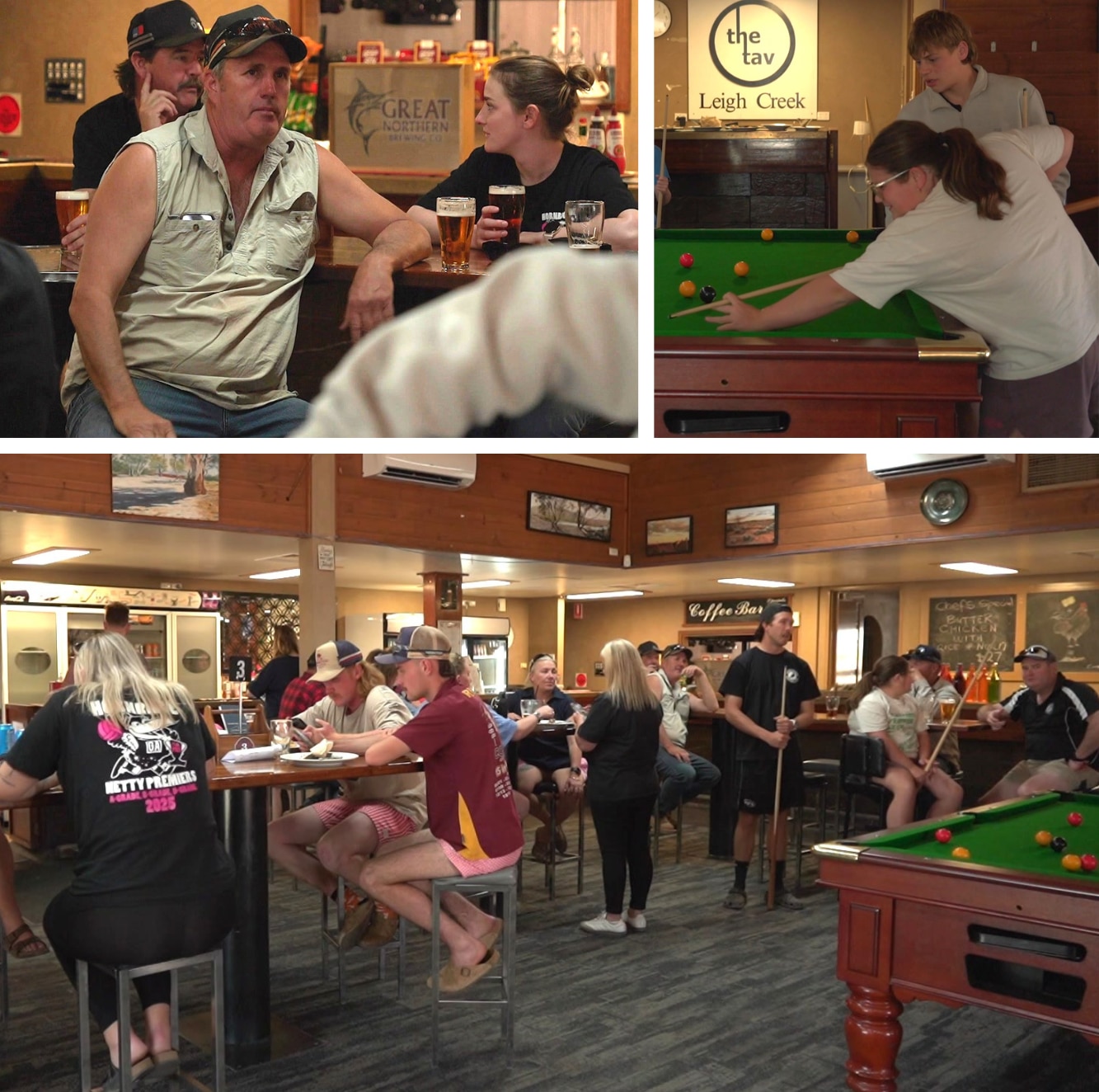 Three images showing people enjoying themselves at a pub.