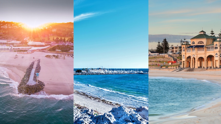 collage of three different beach images showing blue water and sand
