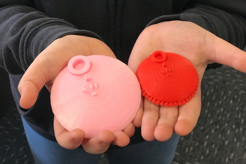A pink disc and a red disc held by a young student.
