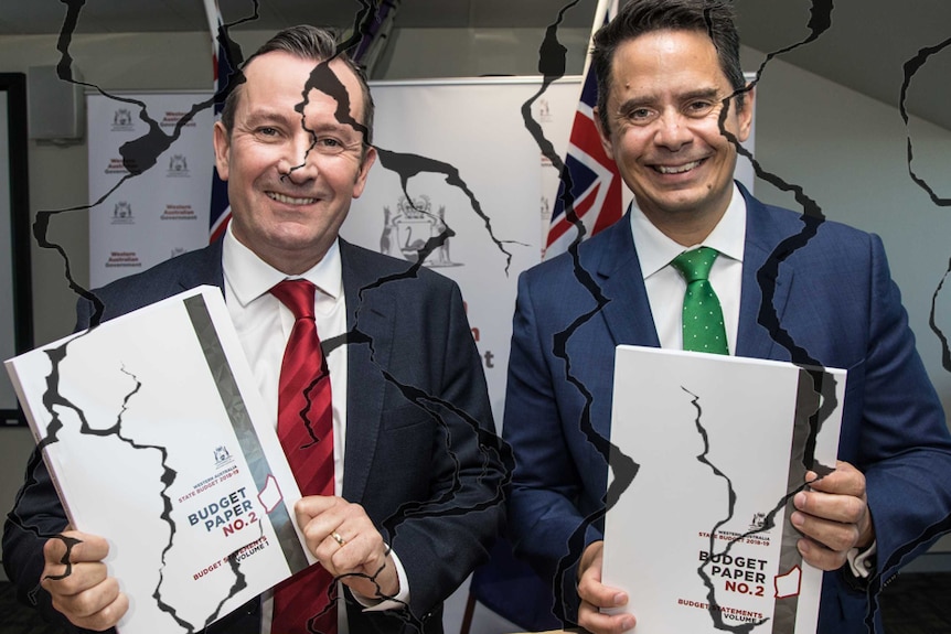 A smiling Mark McGowan and Ben Wyatt holding copies of the budget with cracks superimposed over the top.