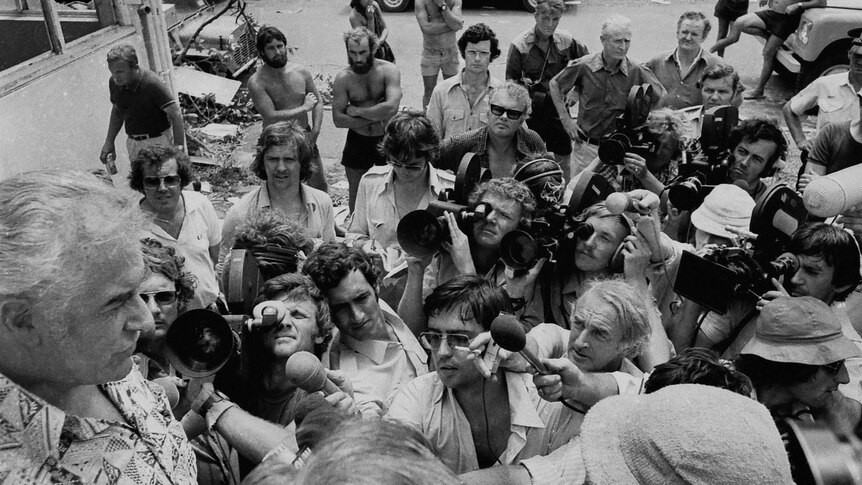 Then Prime Minister Gough Whitlam speaks to newsmedia in Darwin after Cyclone Tracy in 1974