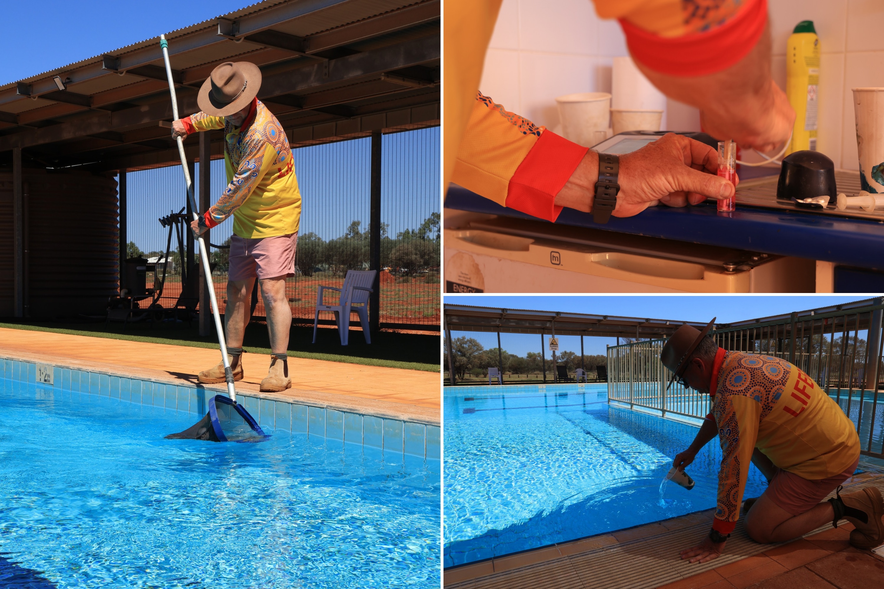 A lifeguard tending to a community pool, collecting leaves in a net and adjusting the pool chemicals.