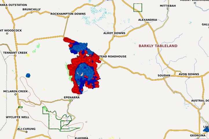 A map showing the scale of a bushfire in the Northern Territory.