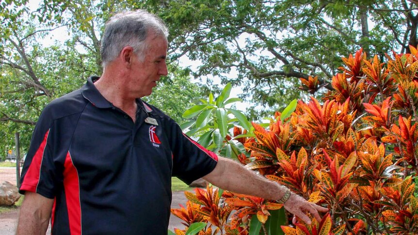Russell points at a bush with orange and red leaves