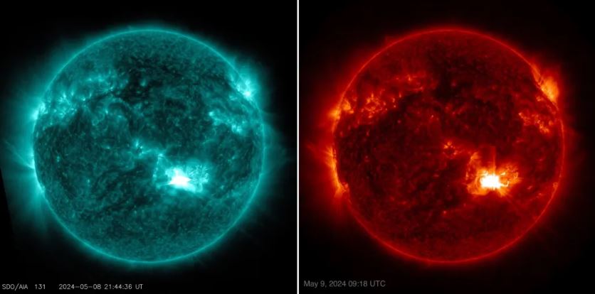 Images of the sun showing position of solar flares on May 8 and 9