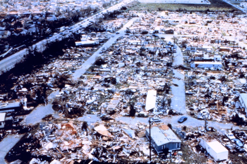 An aerial view of the damage to a mobile home park.