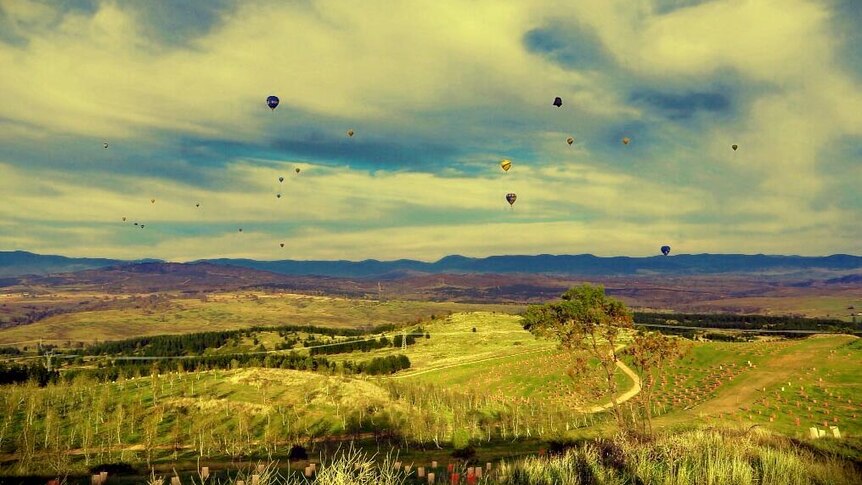 Hot air balloons fly over the countryside surrounding Canberra.