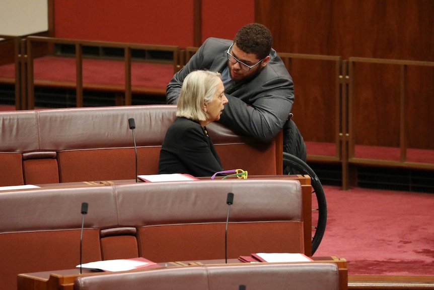 Hordon Steele-John leans over the back of Lee Rhiannon's seat to speak to her. The spokes of his wheelchair are just visible.