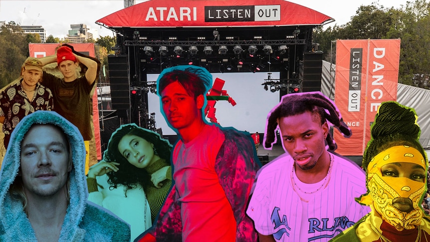 Collage of the Listen Out 2019 lineup: Cosmo's Midnight, Flume, Diplo, Riton, Denzel Curry, Leikeli47, and WAFIA