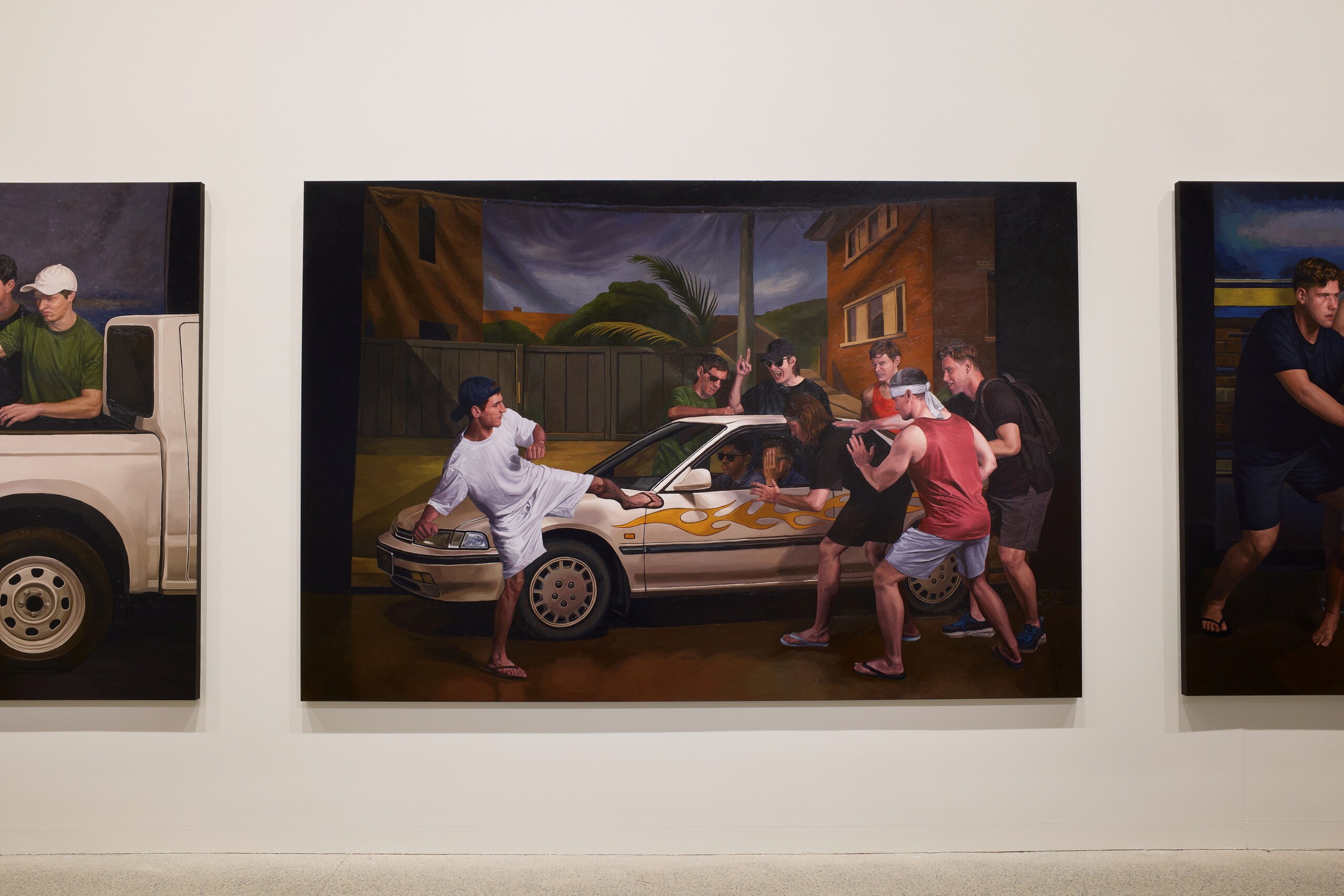 A painting of an angry mob surrounding a person in a white car.