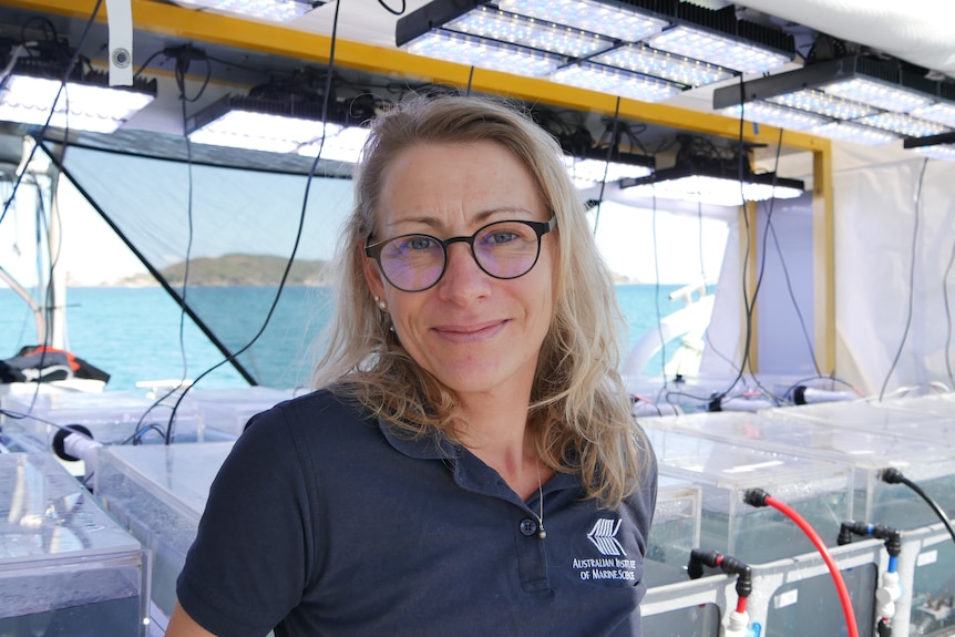 A woman with blonde hair and glasses smiles. There is research equipment behind her. She is on a boat.