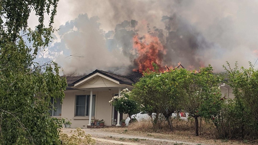 House burning on Woodside Road at Lobethal.