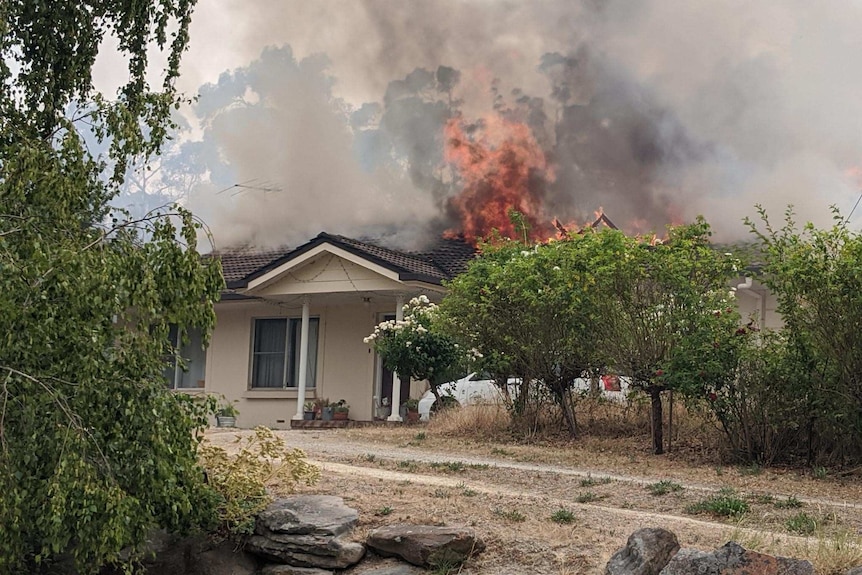 House burning on Woodside Road at Lobethal.