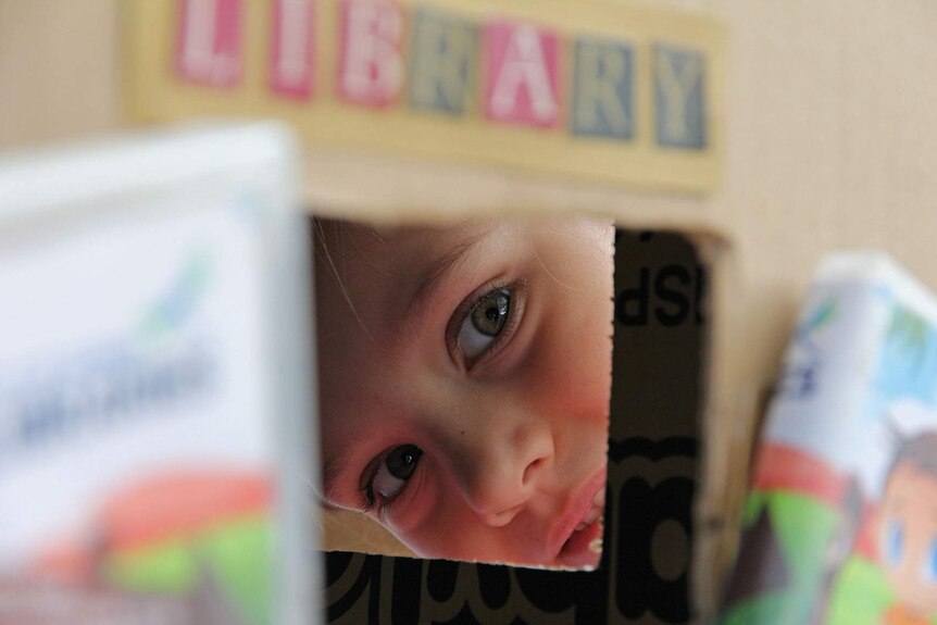 A young girl looks through a cut-out window in a cardboard replica library.